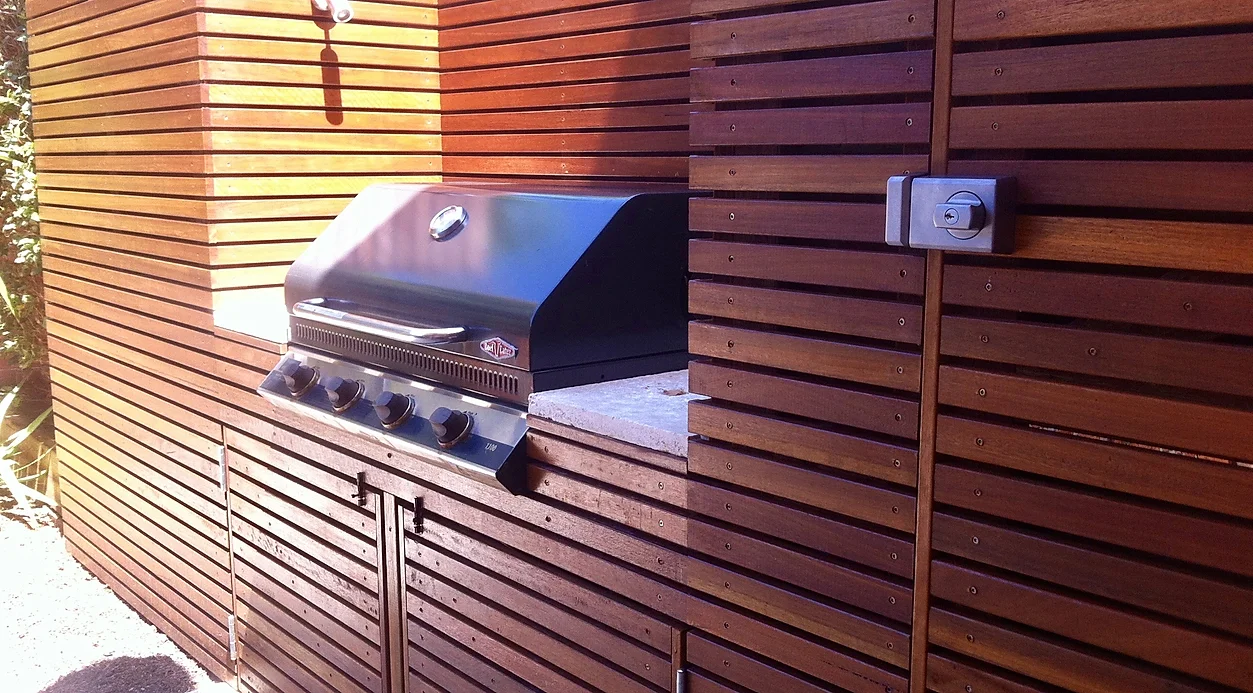 built in bbq with timber surrounds